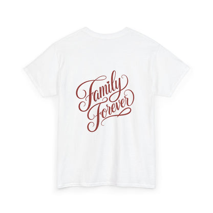 Family Forever T-Shirt — Heart Chest Logo, Script Back