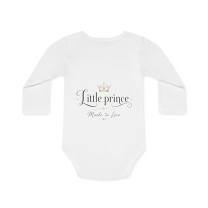 Baby Bodysuit - "Little Prince" Long Sleeve Organic Infant Onesie with Crown & Heart
