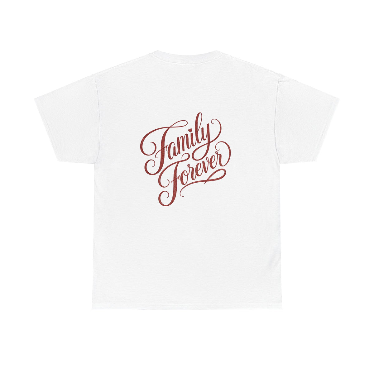 Family Forever T-Shirt — Heart Chest Logo, Script Back