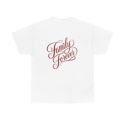 Family Forever T-Shirt — Heart Chest Logo, Script Back