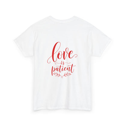 Love Is Patient T-Shirt — Christian Script Tee with Heart Badge