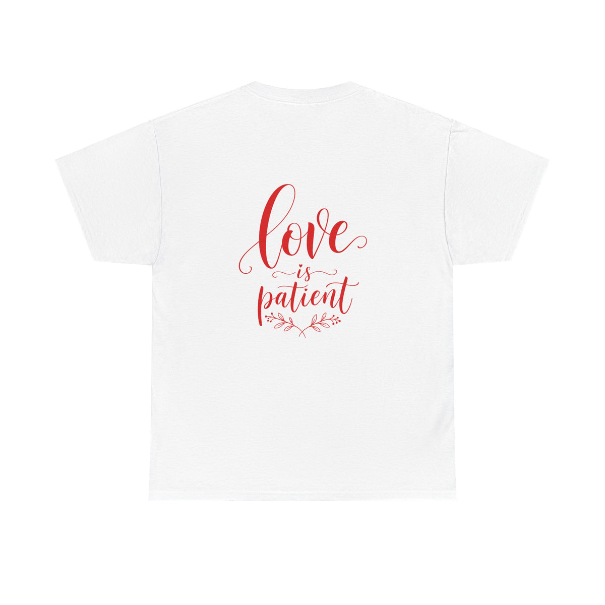 Love Is Patient T-Shirt — Christian Script Tee with Heart Badge